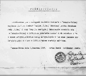A certificate with information on the establishment of Jewish record books in Mszana Dolna in 1876. Rabbi Natan Holl&auml;nder&rsquo;s seal and handwritten signature visible at the bottom. Source: Schwitzer family collection, courtesy of Mrs. Helen Krag.