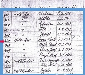 The names of rabbi Aron Lejb Holl&auml;nder and his family on the list of Jews living in Mszana Dolna drafted on 15 June 1942. A note next to Aron&rsquo;s name indicates he was not killed in the mass murder of 19 August 1942. 