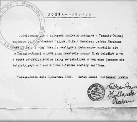 9.	Jochwed Schwitzer&rsquo;s birth certificate issued by rabbi Natan Dawid Holl&auml;nder in 1937, stating 1874 as the date of birth. 