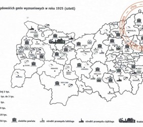 11. Mszana Dolna wśród miast stanowiących centra żydowskie w Galicji, 1925 r. „Żydowskie obwody metrykalne i gminy wyznaniowe w Galicji”, Jerzy Michalewicz i Wiesław Tyburowski