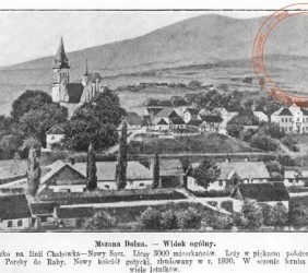 24. Pocztówka z 1915, na zdjęciu widoczny fragment synagogi, na lewo od szkoły