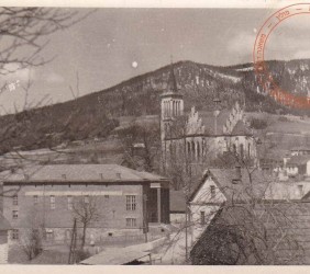 23. Mszana Dolna, 1938, a view of St Michael Church, in the bottom-left there is the house and bakery of the Beldegr&uuml;n family