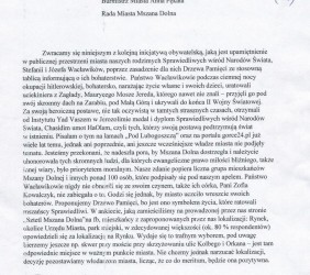 Nasz wniosek do władz Mszany Dolnej o uhonorowanie Sprawiedliwych Drzewem Pamięci, 2019 r. 