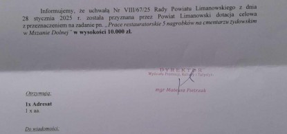Grant from Limanowa County for restoration of matzevot in our Jewish cemetery